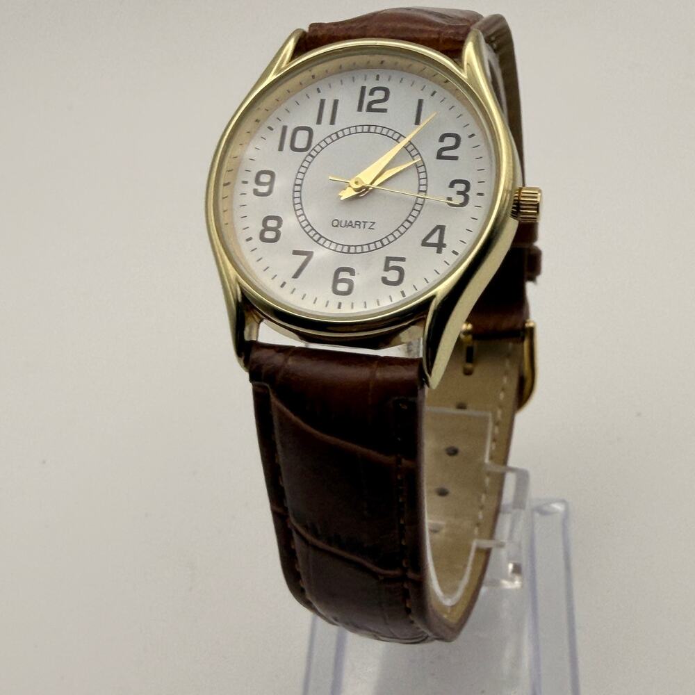Time and Tru Women's Gold-Tone Easy-Read Brown Strap Watch New Battery